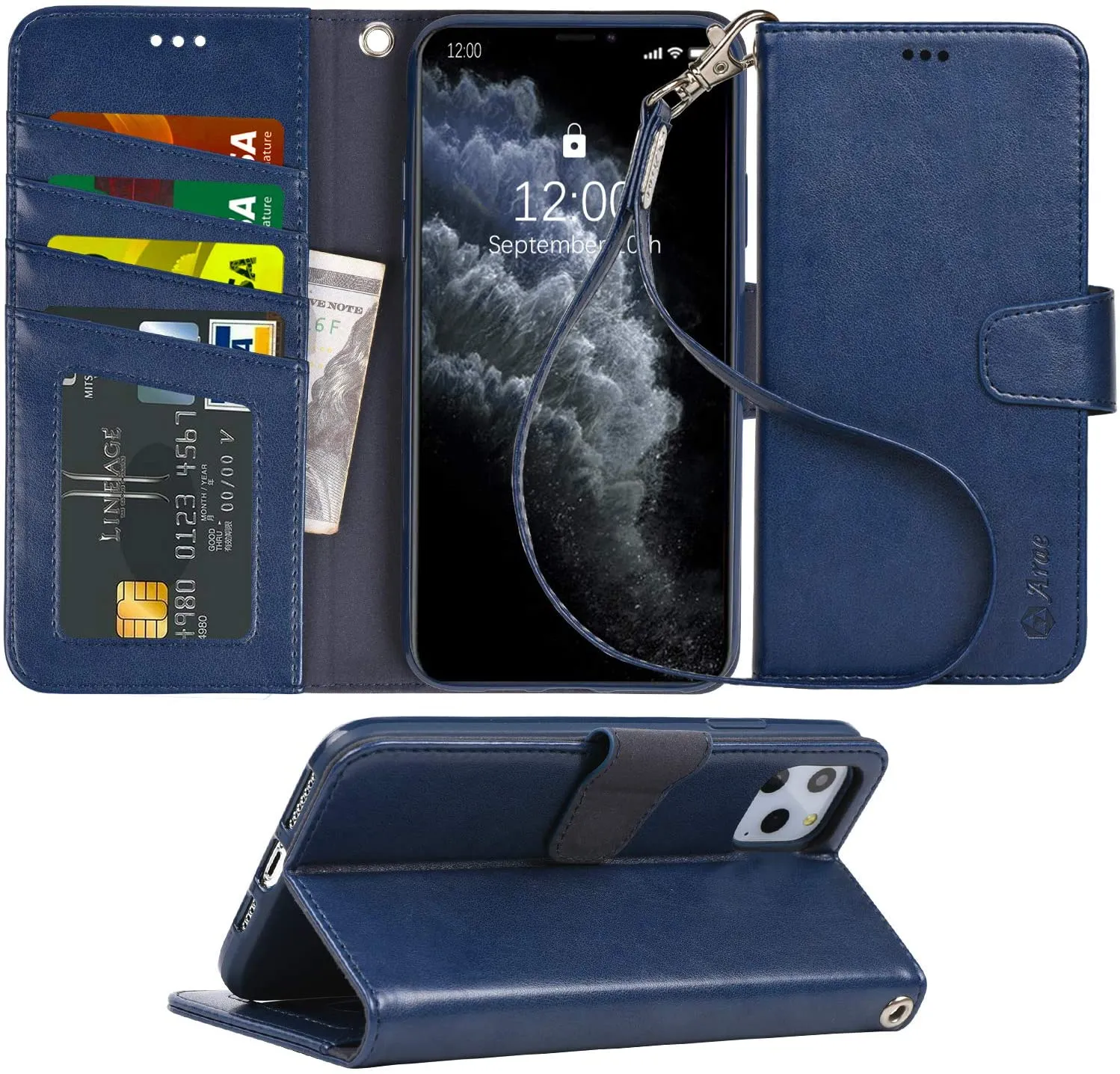 Arae for iPhone 11 Pro Max Case with Credit Card Holder and Wrist Strap