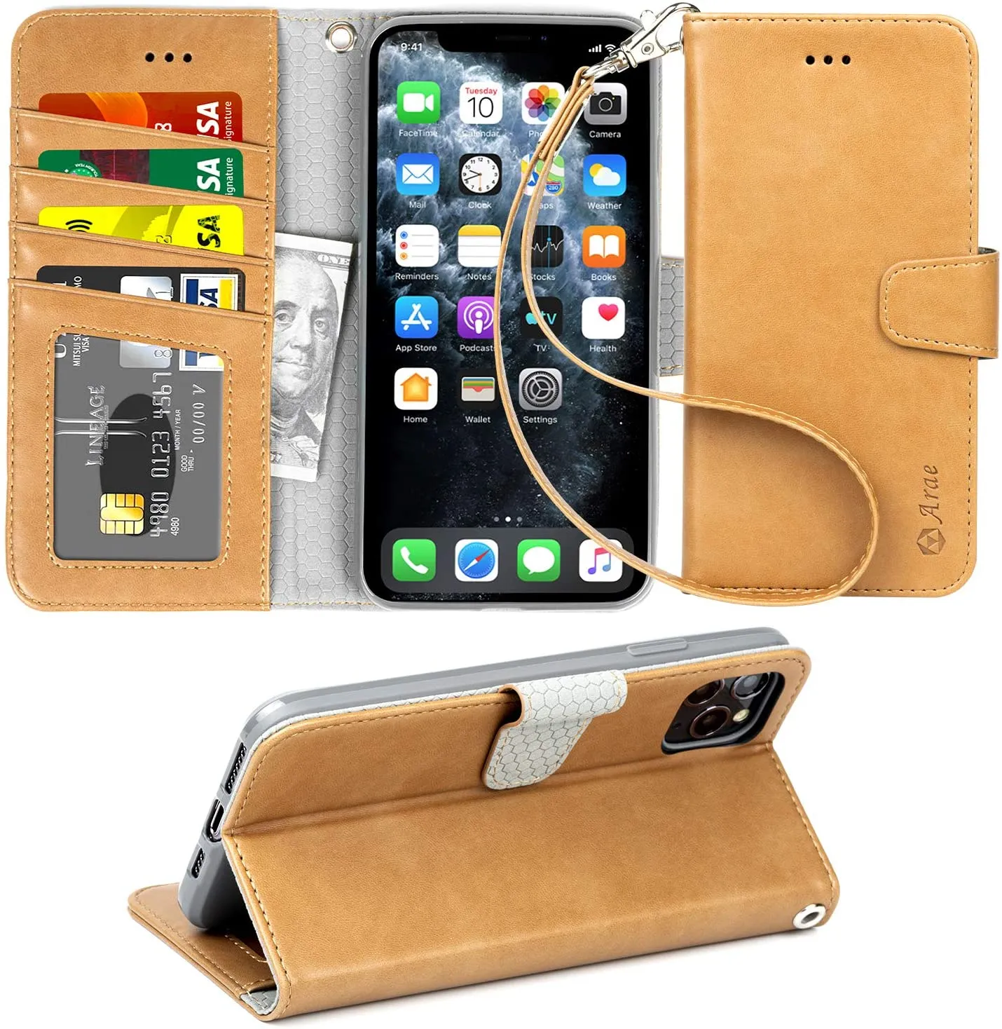 Arae for iPhone 11 Pro Max Case with Credit Card Holder and Wrist Strap