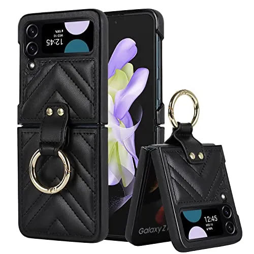 Asuwish Phone Case for Samsung Galaxy Z Flip 3 5G 2021 Cover with Ring Slim Shockproof Shell Rugged PU Leather Protective Cell Accessories ZFlip3 Z3 Flip3 3Z Flip3case Women Girls Purple