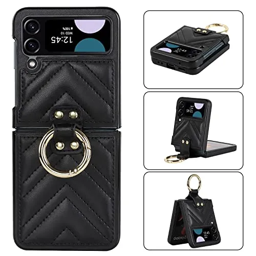 Asuwish Phone Case for Samsung Galaxy Z Flip 3 5G 2021 Cover with Ring Slim Shockproof Shell Rugged PU Leather Protective Cell Accessories ZFlip3 Z3 Flip3 3Z Flip3case Women Girls Purple