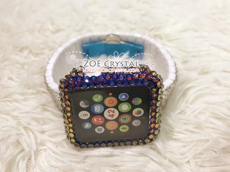 Bedazzled Apple Watch Bling Volcano Blue Flame Crystal Case Cover Protector w White Swarovski Rhinestone iWatch Band / Strap