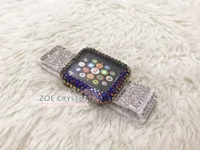 Bedazzled Apple Watch Bling Volcano Blue Flame Crystal Case Cover Protector w White Swarovski Rhinestone iWatch Band / Strap