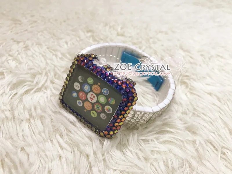 Bedazzled Apple Watch Bling Volcano Blue Flame Crystal Case Cover Protector w White Swarovski Rhinestone iWatch Band / Strap