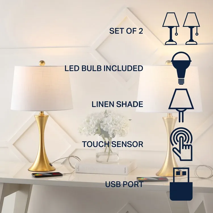 Bennett 22.75" Hourglass LED Table Lamps with USB Charging Port Set of 2 - Brass Gold