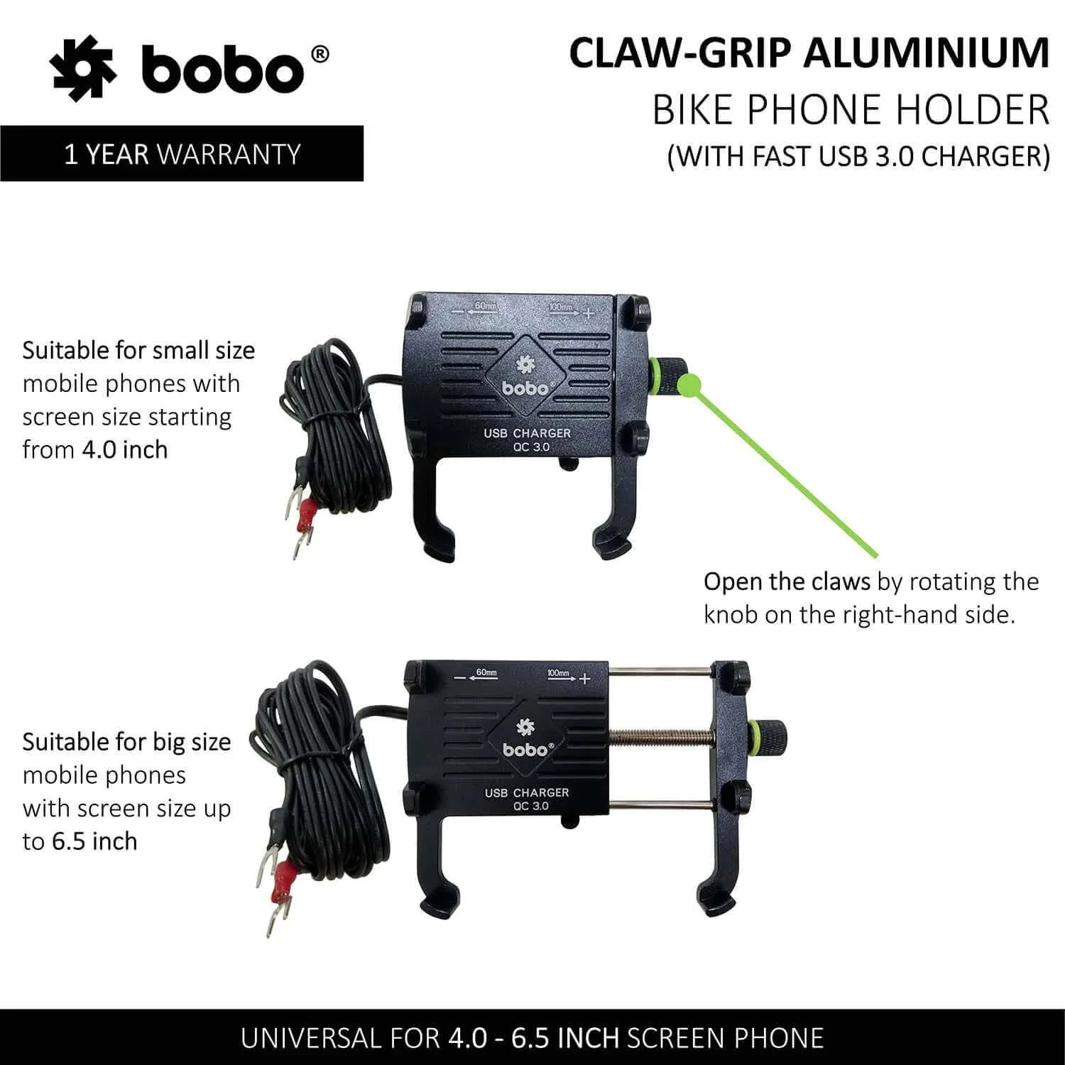 BOBO BM5 Claw-Grip Aluminium Bike Phone Holder (With Fast USB 3.0 Charger) Motorcycle Mobile Mount