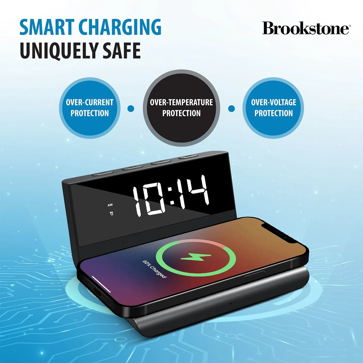 Brookstone Desk LED Alarm Clock 15W Wireless Charger for iPhone, Samsung, and AirPods | Wireless Charger Clock | Phone Charger Clock