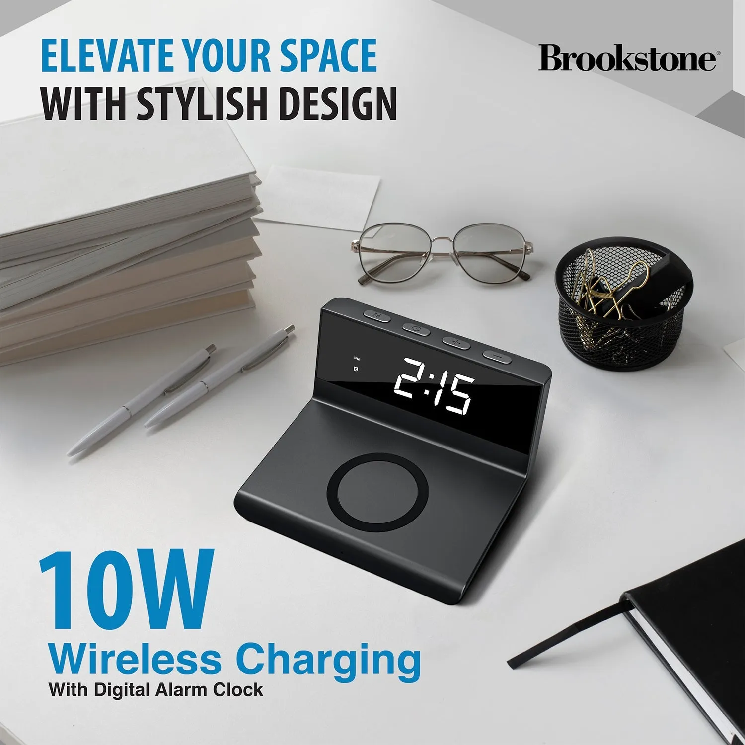 Brookstone Desk LED Alarm Clock 15W Wireless Charger for iPhone, Samsung, and AirPods | Wireless Charger Clock | Phone Charger Clock