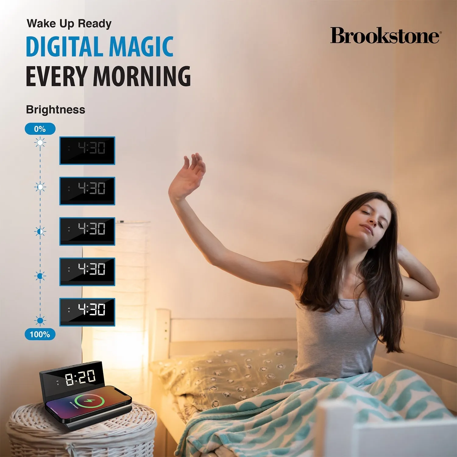 Brookstone Desk LED Alarm Clock 15W Wireless Charger for iPhone, Samsung, and AirPods | Wireless Charger Clock | Phone Charger Clock