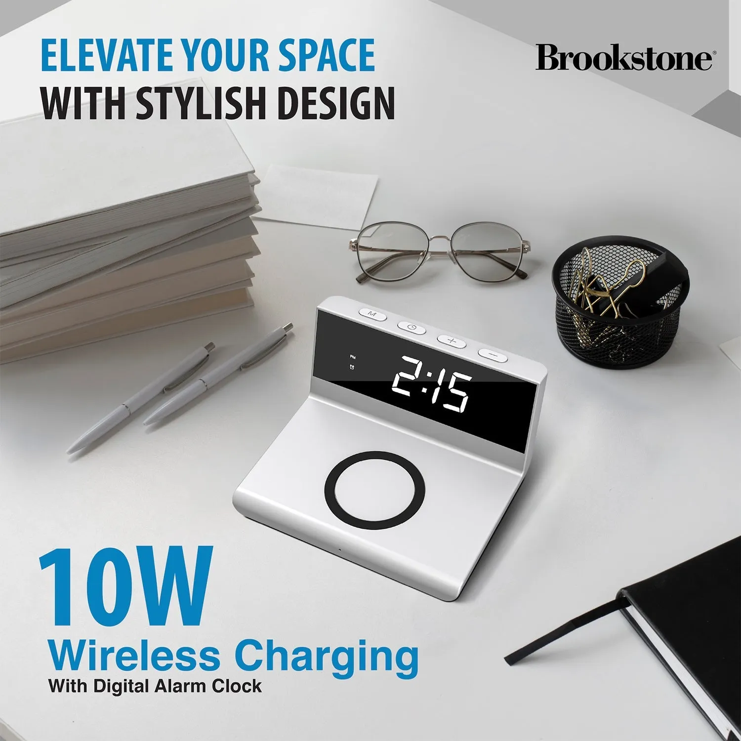 Brookstone Desk LED Alarm Clock 15W Wireless Charger for iPhone, Samsung, and AirPods | Wireless Charger Clock | Phone Charger Clock