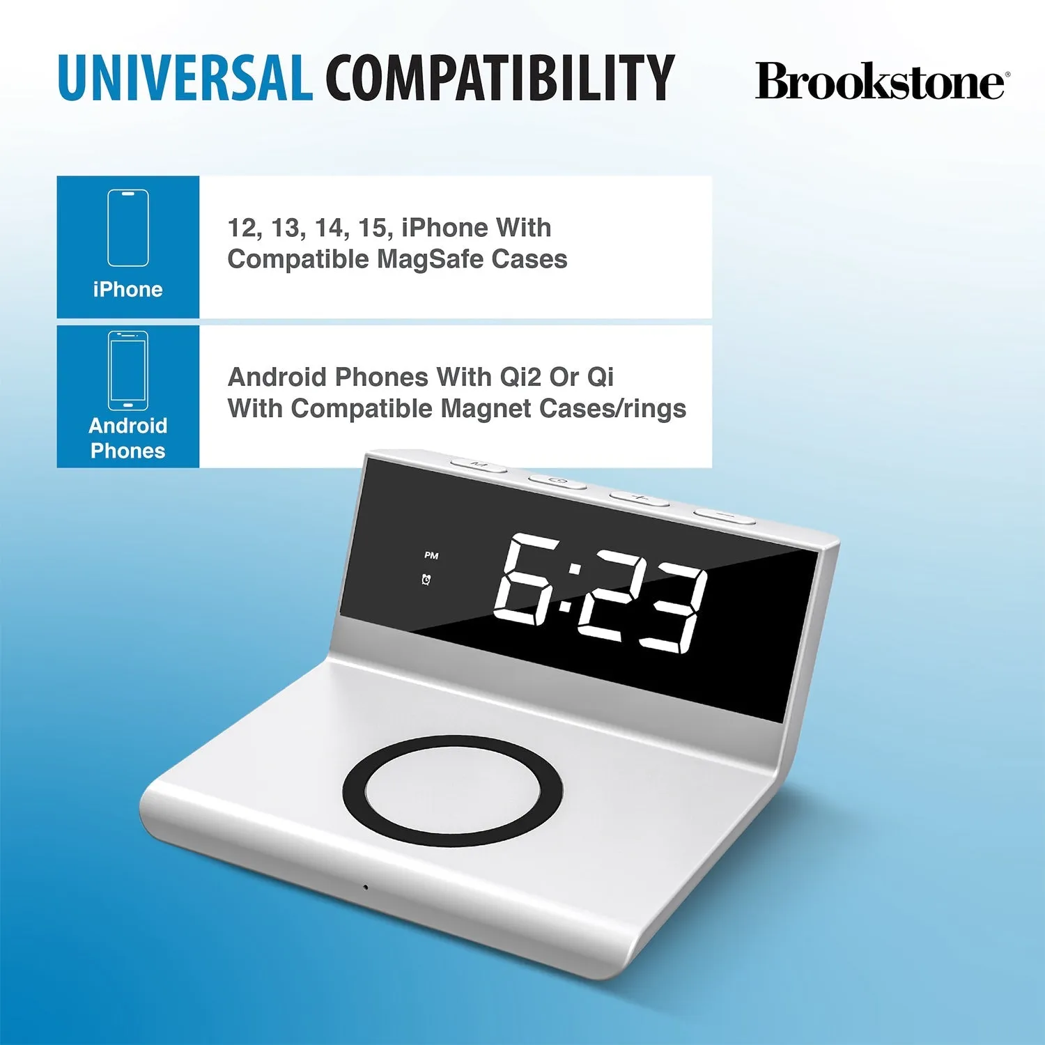 Brookstone Desk LED Alarm Clock 15W Wireless Charger for iPhone, Samsung, and AirPods | Wireless Charger Clock | Phone Charger Clock