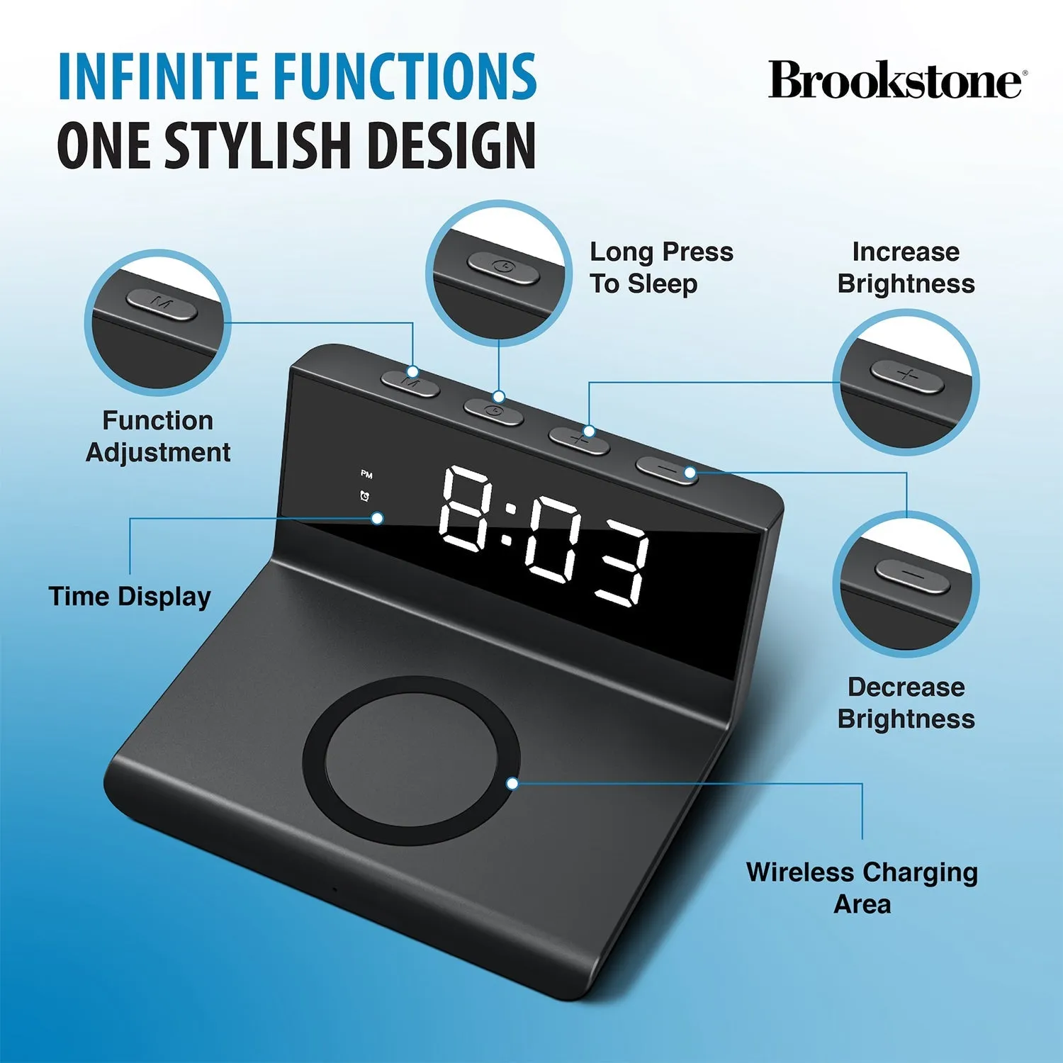 Brookstone Desk LED Alarm Clock 15W Wireless Charger for iPhone, Samsung, and AirPods | Wireless Charger Clock | Phone Charger Clock