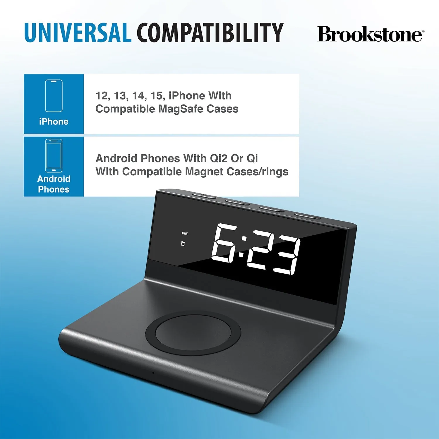 Brookstone Desk LED Alarm Clock 15W Wireless Charger for iPhone, Samsung, and AirPods | Wireless Charger Clock | Phone Charger Clock