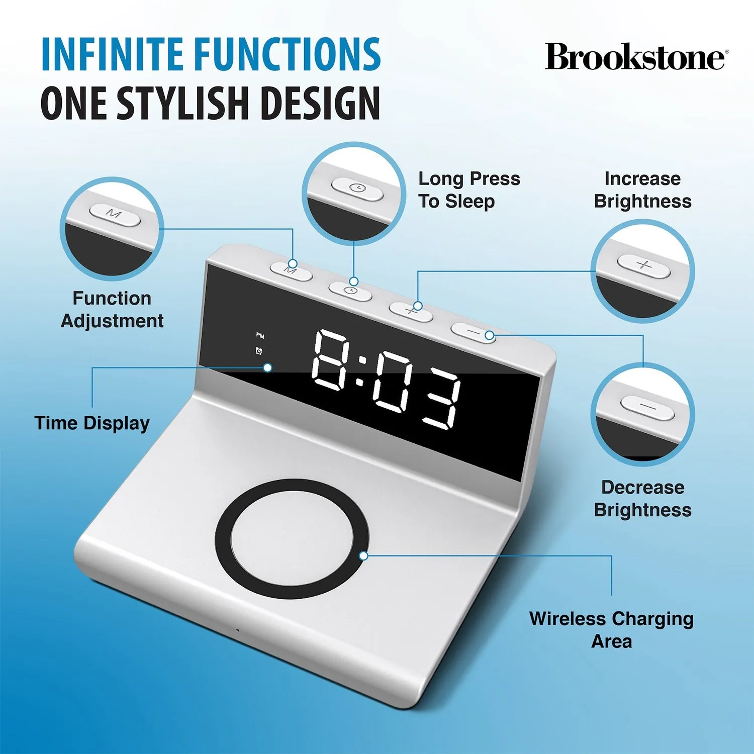 Brookstone Desk LED Alarm Clock 15W Wireless Charger for iPhone, Samsung, and AirPods | Wireless Charger Clock | Phone Charger Clock