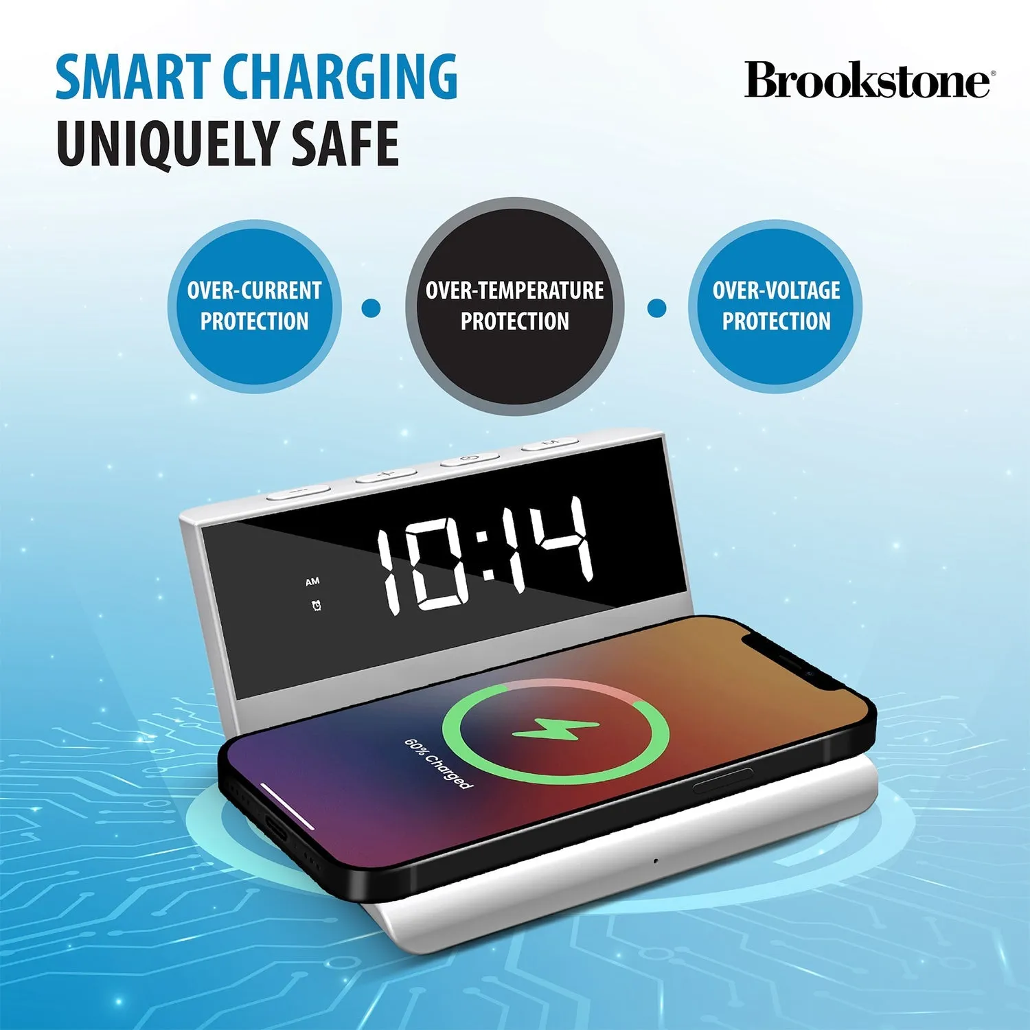 Brookstone Desk LED Alarm Clock 15W Wireless Charger for iPhone, Samsung, and AirPods | Wireless Charger Clock | Phone Charger Clock