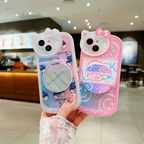 Cartoon Cat Printed TPU Camera Protection Cover with Mirror Stand - iPhone 14 Pro Max