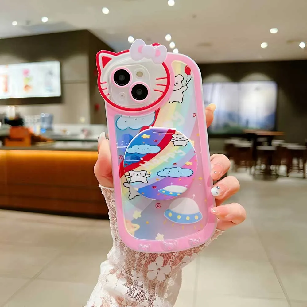 Cartoon Cat Printed TPU Camera Protection Cover with Mirror Stand - iPhone 14 Pro Max