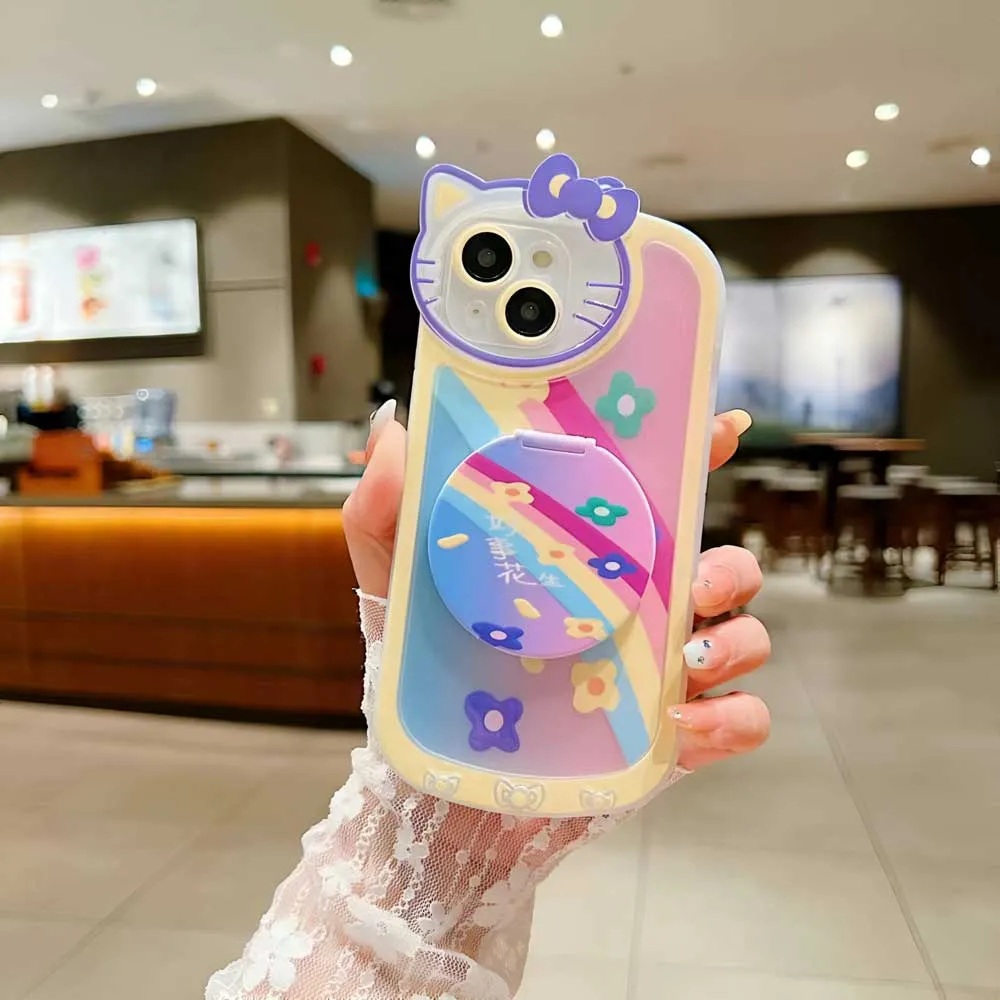 Cartoon Cat Printed TPU Camera Protection Cover with Mirror Stand - iPhone 14 Pro Max