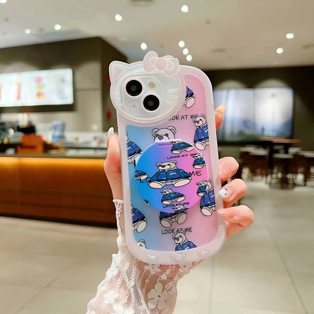 Cartoon Cat Printed TPU Camera Protection Cover with Mirror Stand - iPhone 14 Pro Max