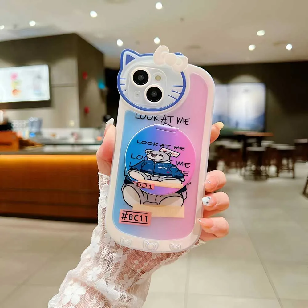 Cartoon Cat Printed TPU Camera Protection Cover with Mirror Stand - iPhone 14 Pro Max