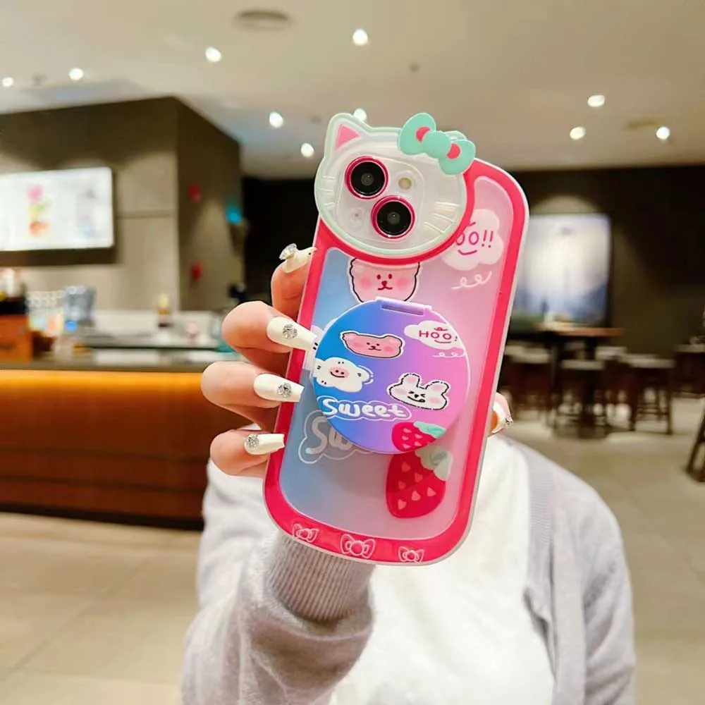 Cartoon Cat Printed TPU Camera Protection Cover with Mirror Stand - iPhone 14 Pro Max