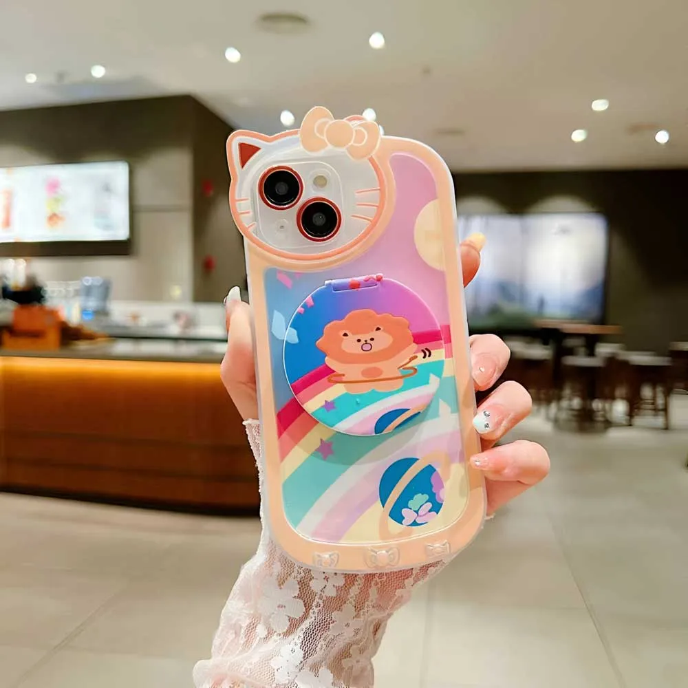 Cartoon Cat Printed TPU Camera Protection Cover with Mirror Stand - iPhone 14 Pro Max