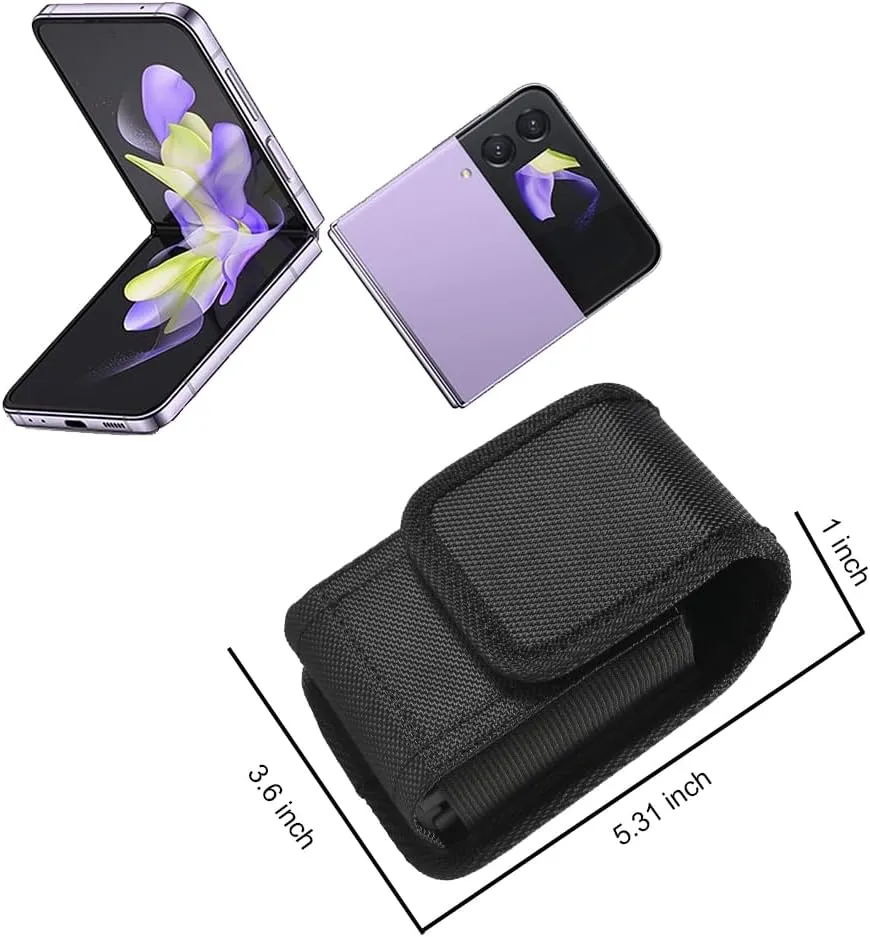 Case for Moto Razr  Plus/Razr 2023/Galaxy Z Flip 5 4 3 Phone Case Black Balistic Nylon Leather Vertical Pouch [Belt Loop, Metal Clip] for Samsung Z Flip 5 5G, Z Flip4/3