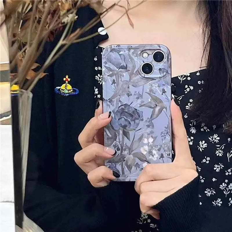 Charming Gray Flowers Oil Painting Cute Phone Cases For iPhone 12 Pro Max 13 11 14 And 14 Pro