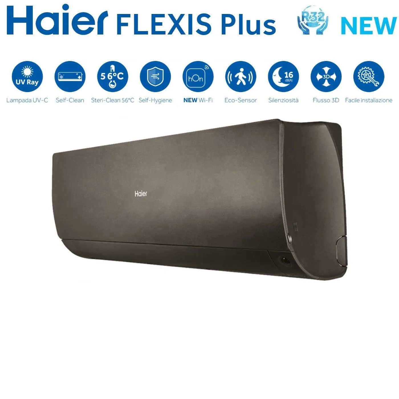 Climatizzatore Condizionatore Haier Quadri Split Inverter serie FLEXIS PLUS BLACK 7 12 12 12 con 4U85S2SR3FA R-32 Wi-Fi Integrato Colore Nero 7000 12000 12000 12000