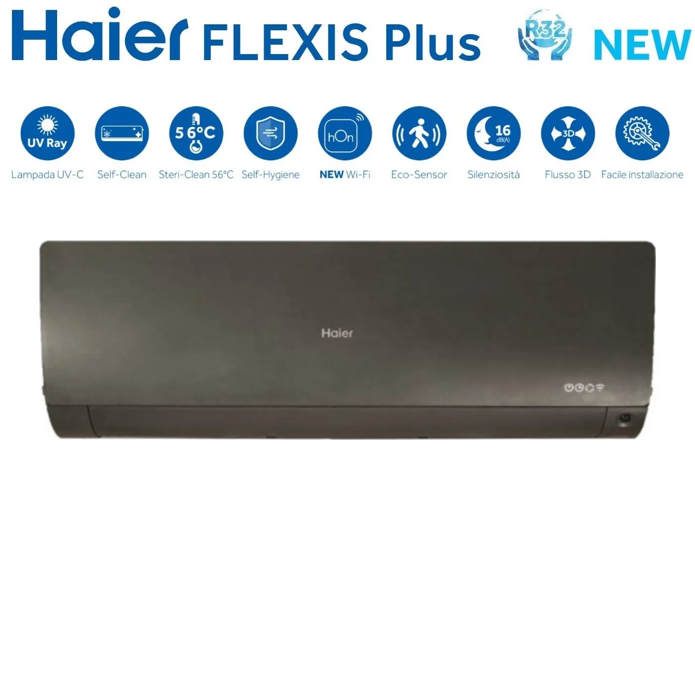 Climatizzatore Condizionatore Haier Quadri Split Inverter serie FLEXIS PLUS BLACK 7 12 12 12 con 4U85S2SR3FA R-32 Wi-Fi Integrato Colore Nero 7000 12000 12000 12000