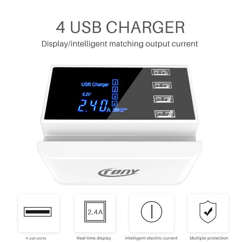 CRONY CDA26 4 Ports USB Charger Adapter Station HUB Led Display Mobile Phone Wall Charger For iPhone Samsung Xiaomi USB Charger Stand Holder