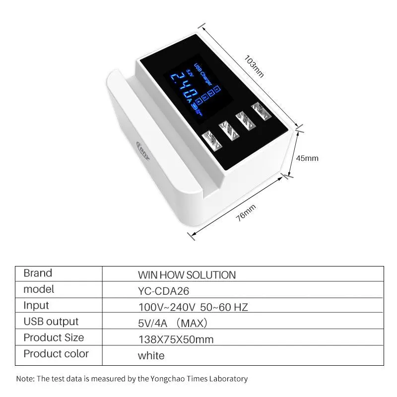 CRONY CDA26 4 Ports USB Charger Adapter Station HUB Led Display Mobile Phone Wall Charger For iPhone Samsung Xiaomi USB Charger Stand Holder