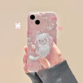 Cute Clear Pink Cute Kitty Print Design   White Cat Pop Up Stand Protective Shockproof Phone Case for iPhone 11 12 13 14 15 Pro Max Case