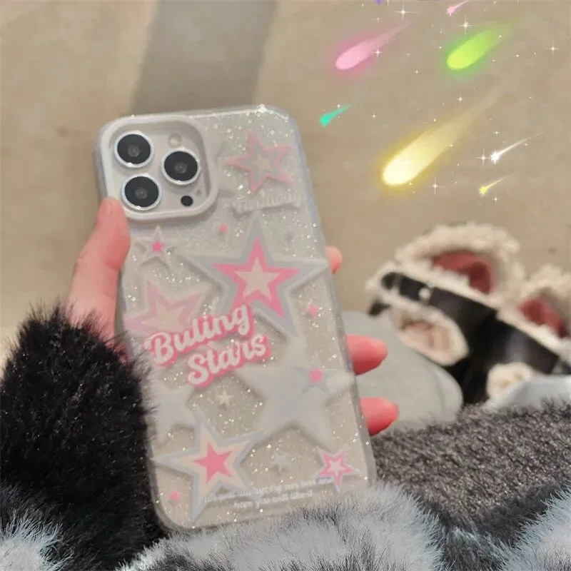 Cute Clear White and Pink Stars with Bubble Letters Artbook Design Protective Shockproof iPhone Case for iPhone 11 12 13 14 Pro Max Case