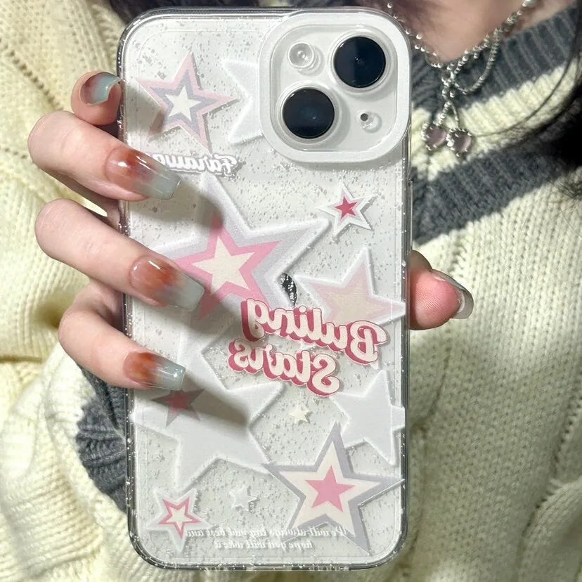 Cute Clear White and Pink Stars with Bubble Letters Artbook Design Protective Shockproof iPhone Case for iPhone 11 12 13 14 Pro Max Case