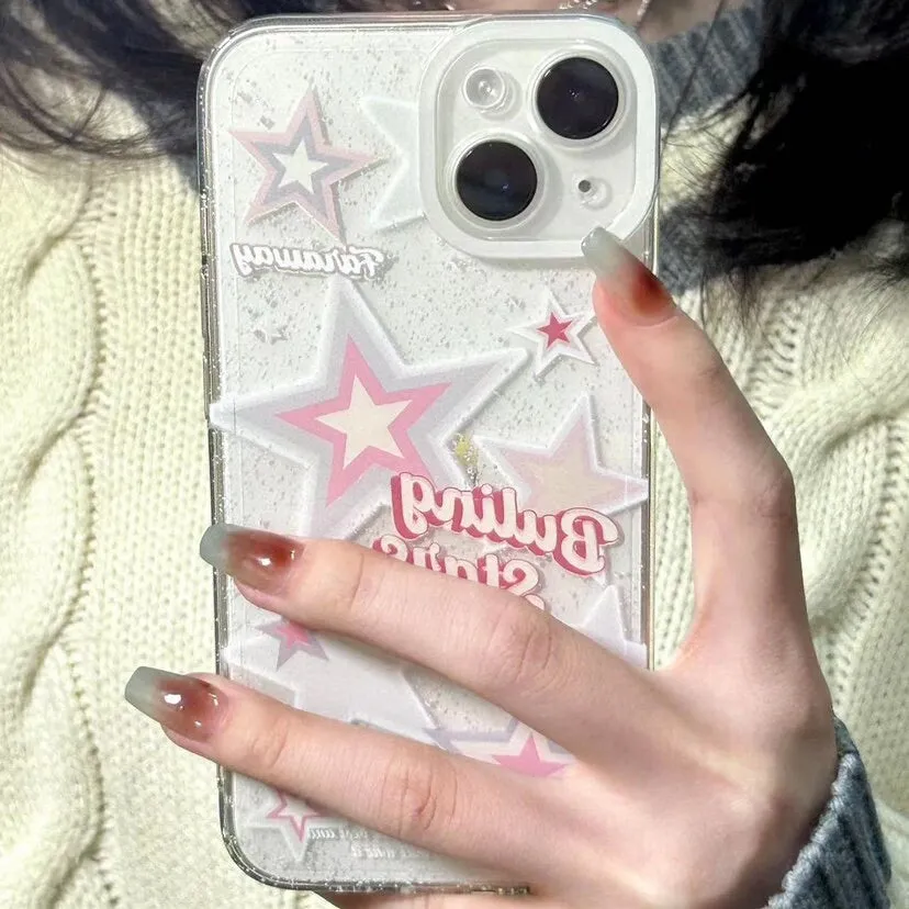 Cute Clear White and Pink Stars with Bubble Letters Artbook Design Protective Shockproof iPhone Case for iPhone 11 12 13 14 Pro Max Case