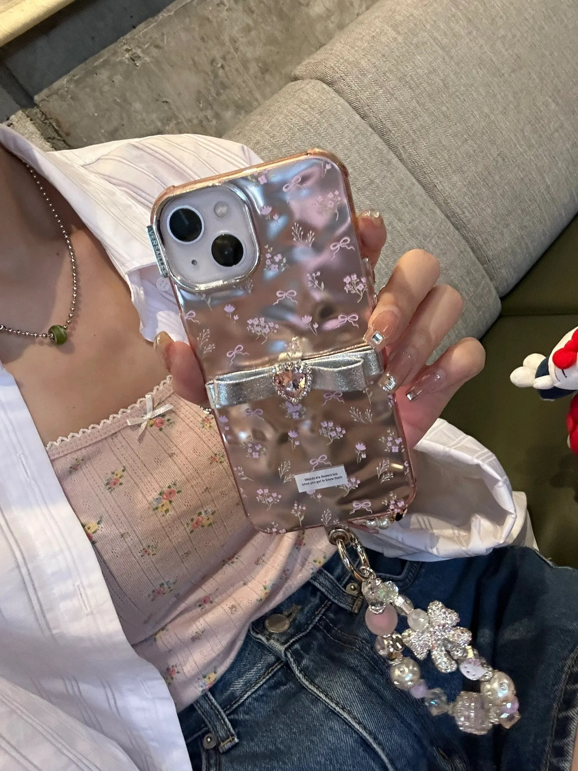 Cute Electroplated Light Pink Floral Ribbon Print Design   Bling Chain Hand Strap Protective iPhone Case for iPhone 11 12 13 14 15 Pro Max