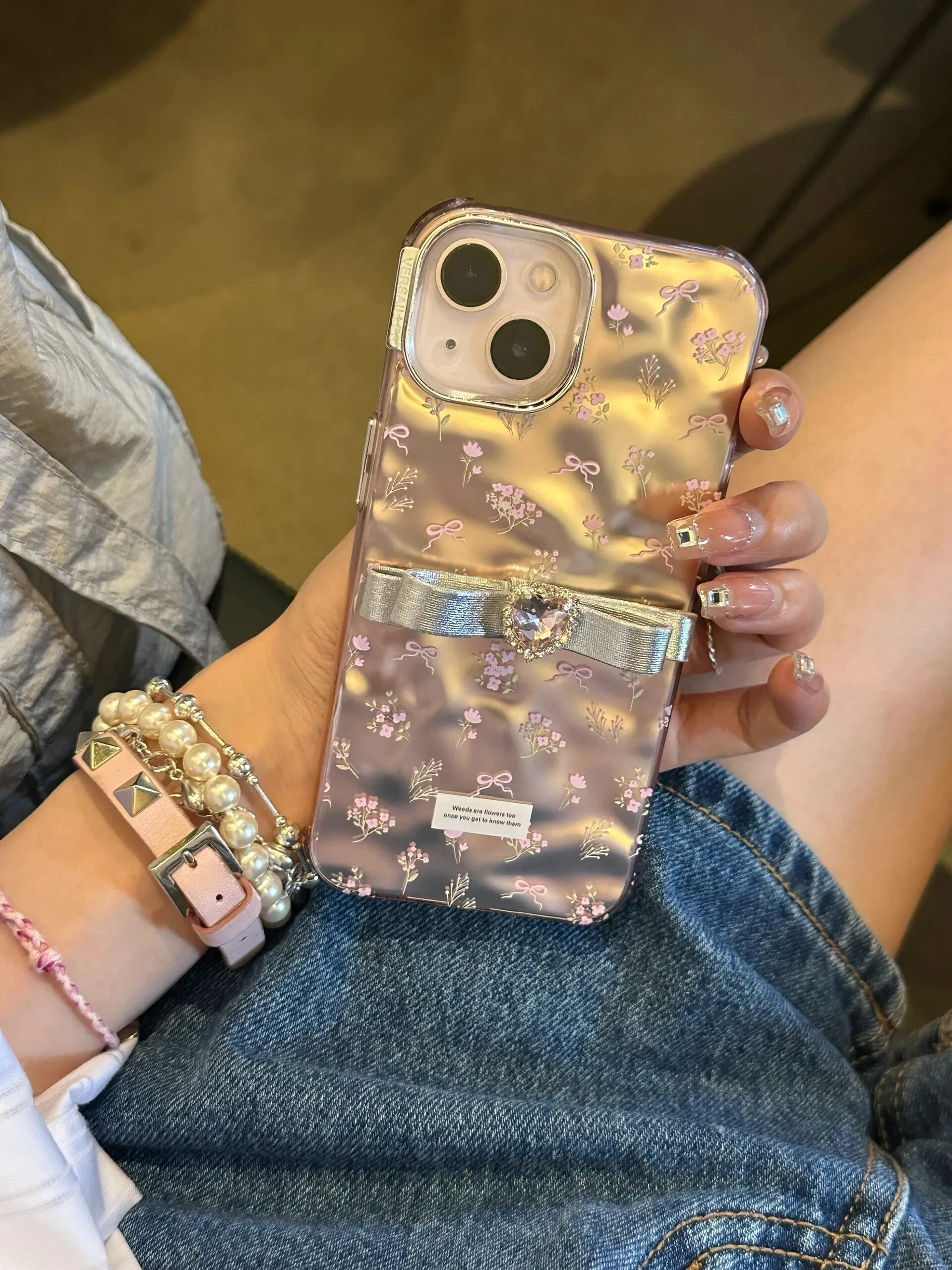 Cute Electroplated Light Pink Floral Ribbon Print Design   Bling Chain Hand Strap Protective iPhone Case for iPhone 11 12 13 14 15 Pro Max