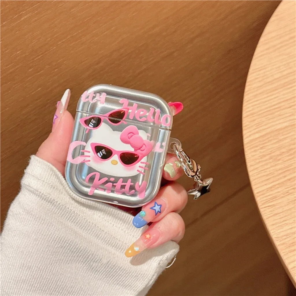 Cute Electroplated Silver HELLO KITTY Protective Cover AirPods Case   Carabiner Chain for AirPods 1 2 3 Pro 2 Generation Shockproof Case