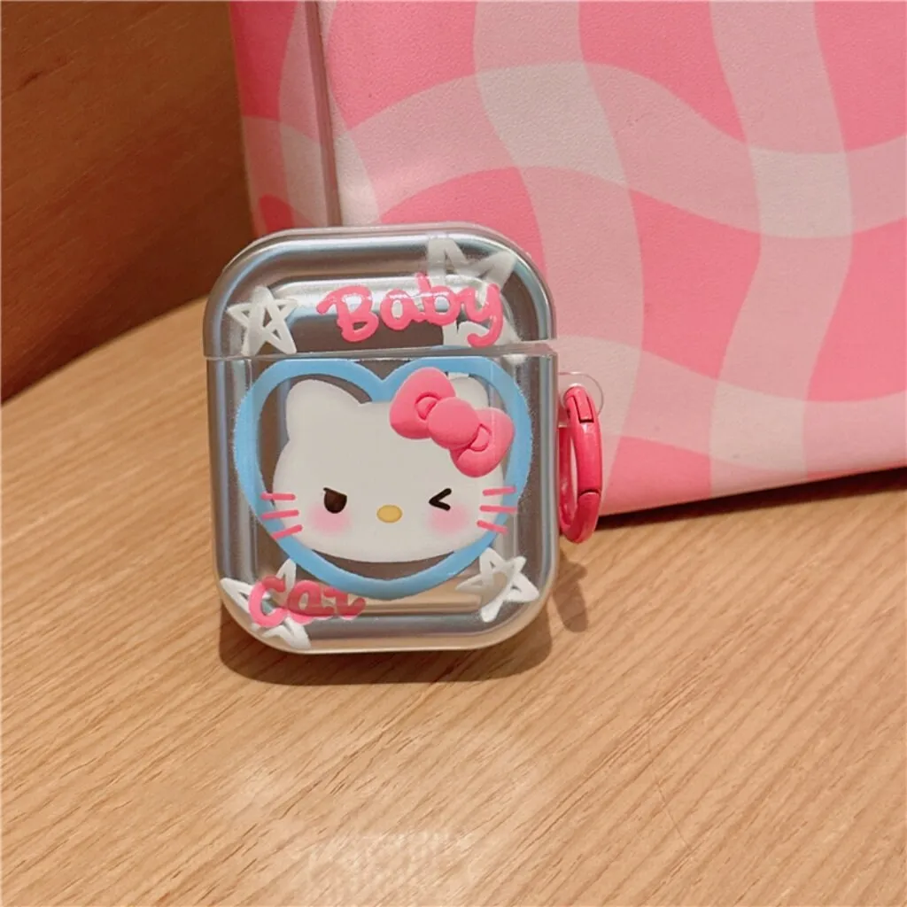 Cute Electroplated Silver HELLO KITTY Protective Cover AirPods Case   Carabiner Chain for AirPods 1 2 3 Pro 2 Generation Shockproof Case