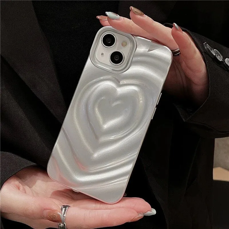 Cute Grey Silver Electroplated 3D Heart Tunnel Ripple Wave Design Protective Shockproof iPhone Case for iPhone 11 12 13 14 15 Plus Pro Max