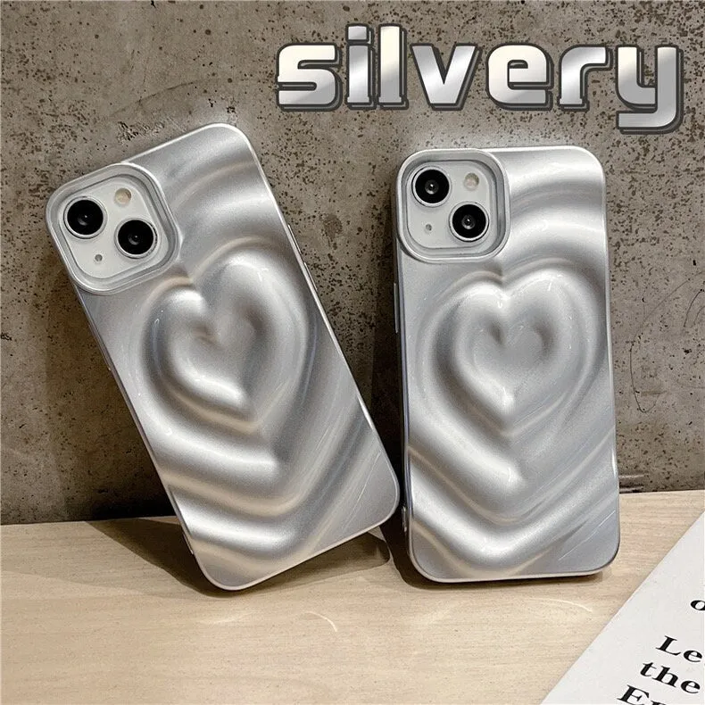 Cute Grey Silver Electroplated 3D Heart Tunnel Ripple Wave Design Protective Shockproof iPhone Case for iPhone 11 12 13 14 15 Plus Pro Max