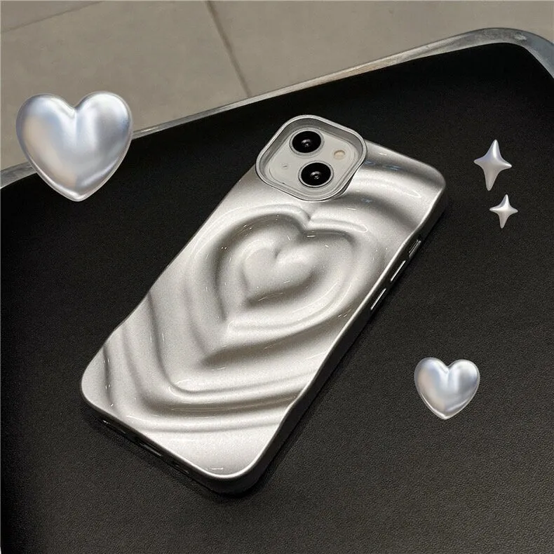 Cute Grey Silver Electroplated 3D Heart Tunnel Ripple Wave Design Protective Shockproof iPhone Case for iPhone 11 12 13 14 15 Plus Pro Max