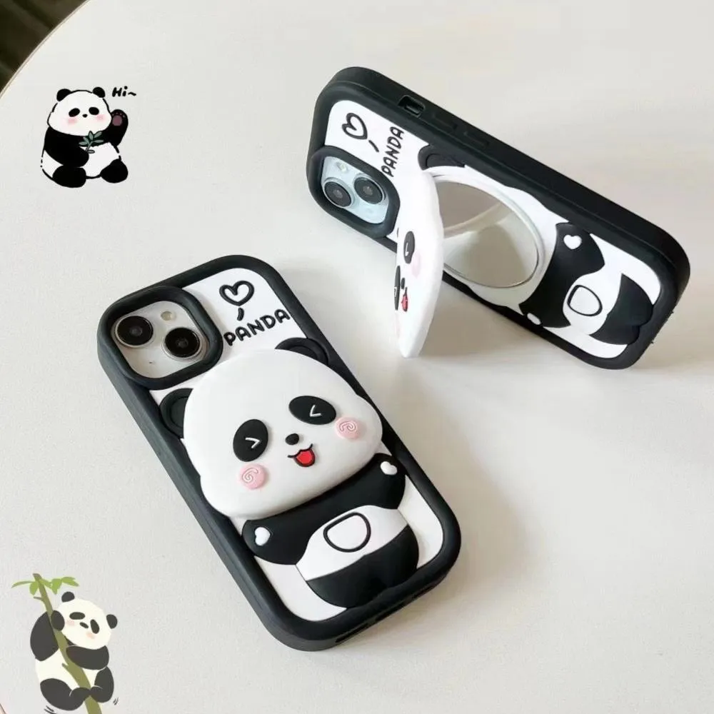 Cute Panda With Mirror Stand Silicon Phone Case For iPhone 14 Pro Max