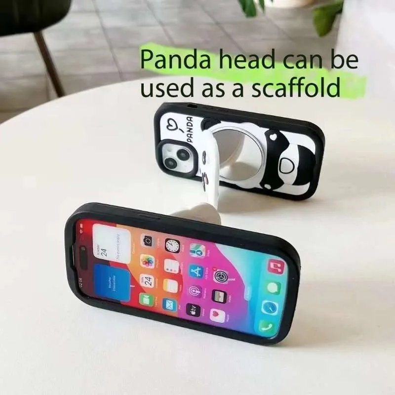 Cute Panda With Mirror Stand Silicon Phone Case For iPhone 14 Pro Max