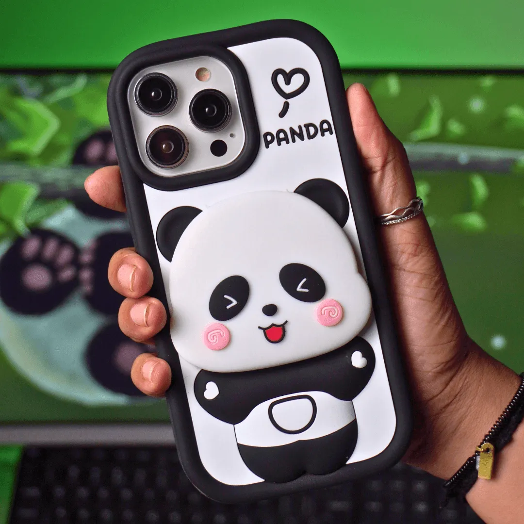 Cute Panda With Mirror Stand Silicon Phone Case For iPhone 14 Pro Max