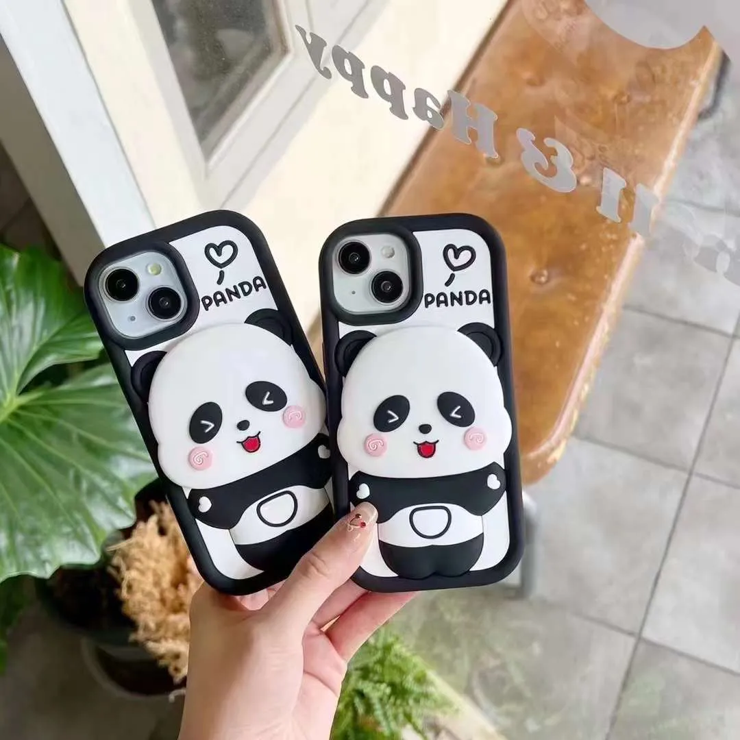 Cute Panda With Mirror Stand Silicon Phone Case For iPhone 14 Pro Max