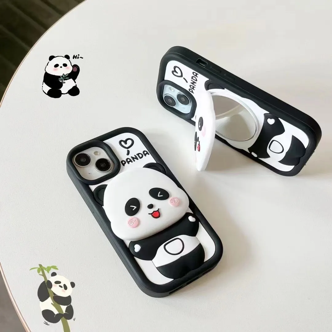 Cute Panda With Mirror Stand Silicon Phone Case For iPhone 14 Pro Max