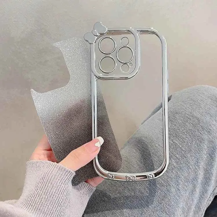 Cute Phone Cases For iPhone 11, 12, 13, 14, or 15 Pro Max - Plating Silver Bowknot - Transparent Cover - TSP257