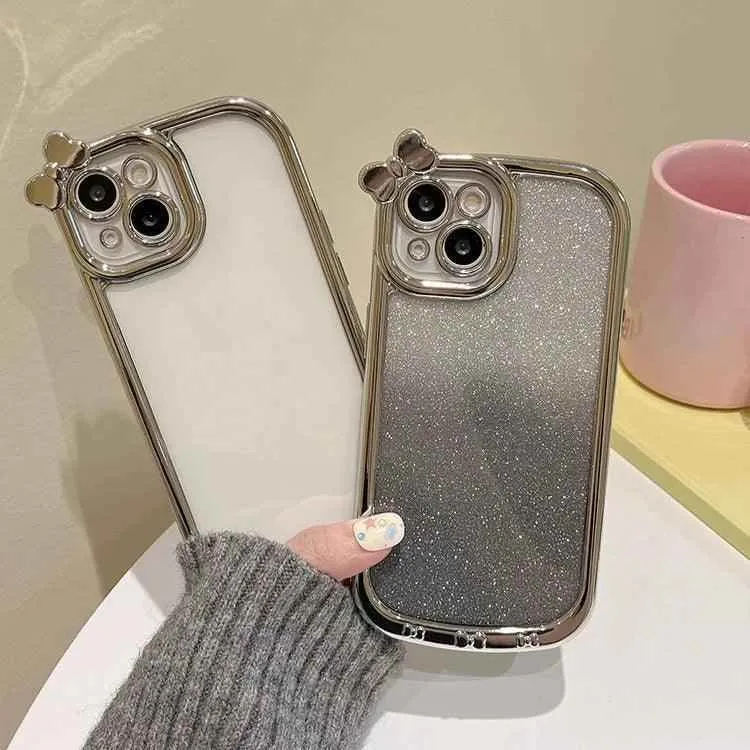 Cute Phone Cases For iPhone 11, 12, 13, 14, or 15 Pro Max - Plating Silver Bowknot - Transparent Cover - TSP257