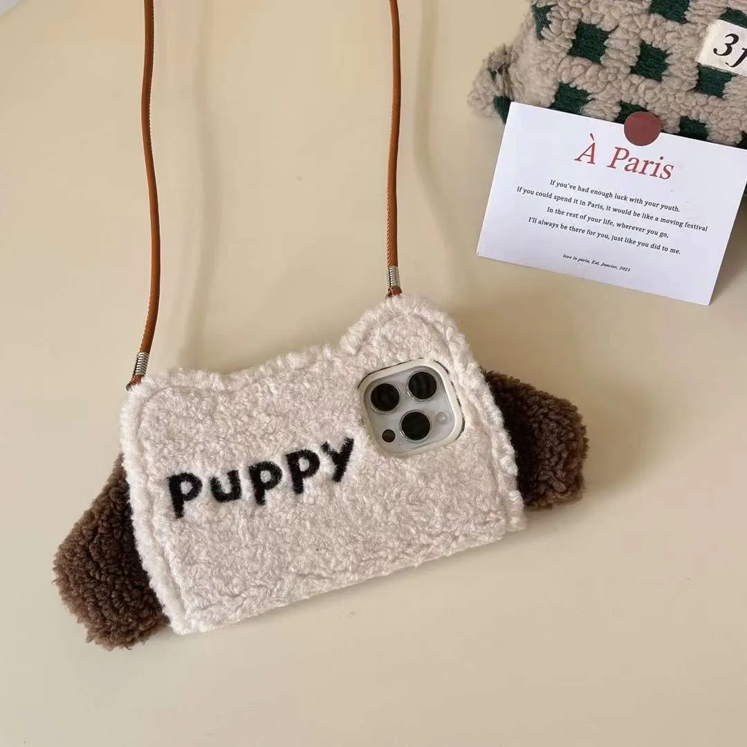 Cute Puppy Flip Plush Sling Style iPhone Case